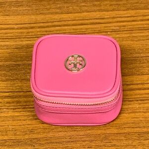 TORY BURCH Salmon Pink Saffiano Mini Zip Around Square Jewelry Travel Case